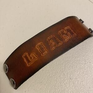 Vintage 90s Hand Tooled Leather Wristband Cuff Bracelet Engraved LIAM Design Y2K